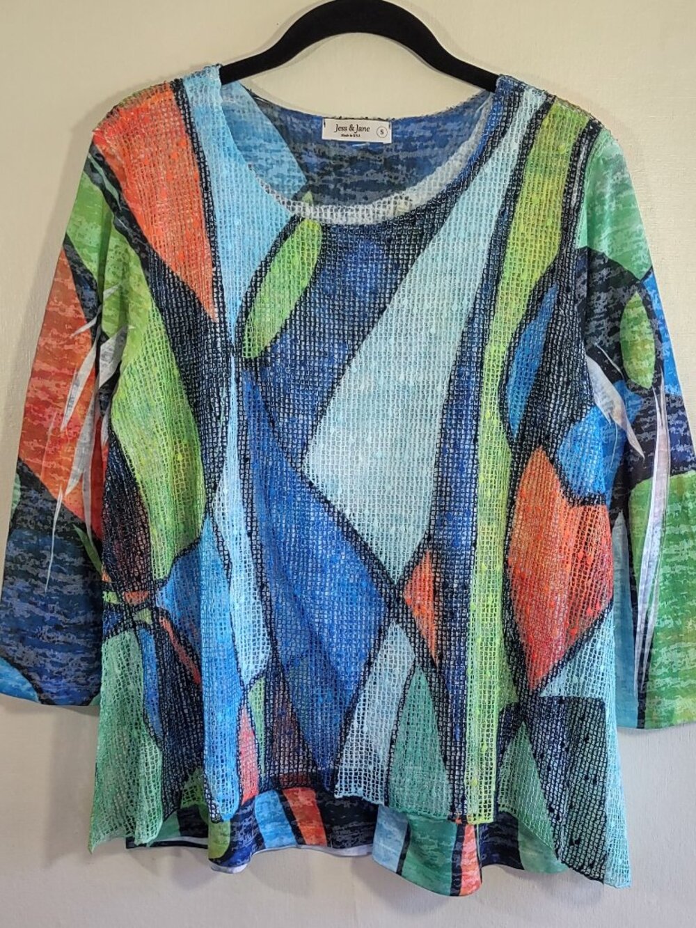 Jess & Jane Vibrant Top w/ Overlay Sz Small 3/4 Sleeve Artsy Boho Abstract - Picture 2 of 6